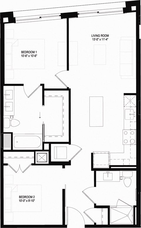 Floor plan for 2 beds, 2 baths, 832 sqft